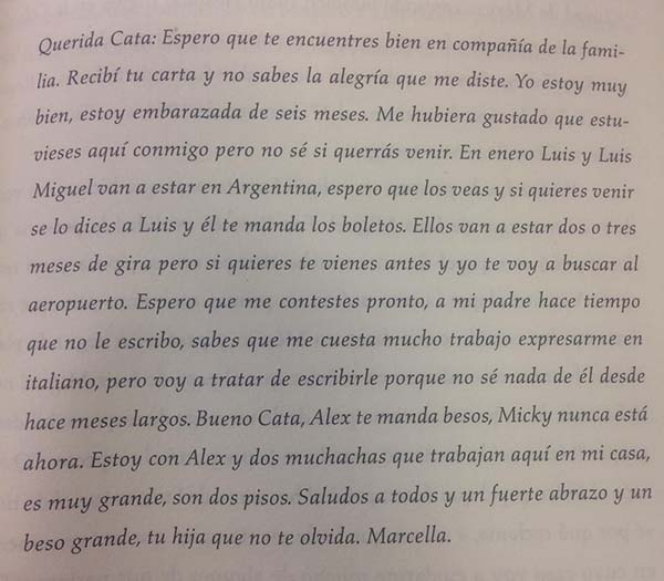 Carta de Marcela Basteri. Fuente: Luis Miguel la historia, Javier León Herrera. 